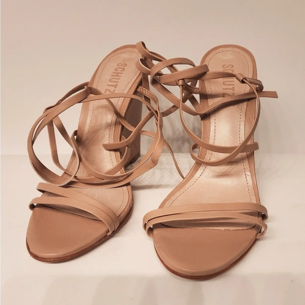 Schutz Deonne Casual Nappa Women’s Tan Strappy Leather Sandal High Heels Size 9 - Picture 5 of 15